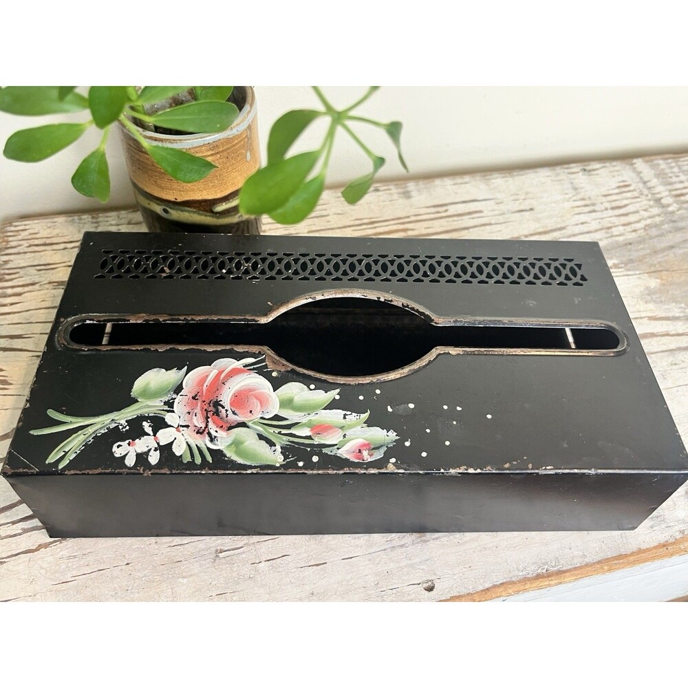 Beautiful MCM Vintage Black Toleware Hand Painted Rose Metal Tissue Box Holder